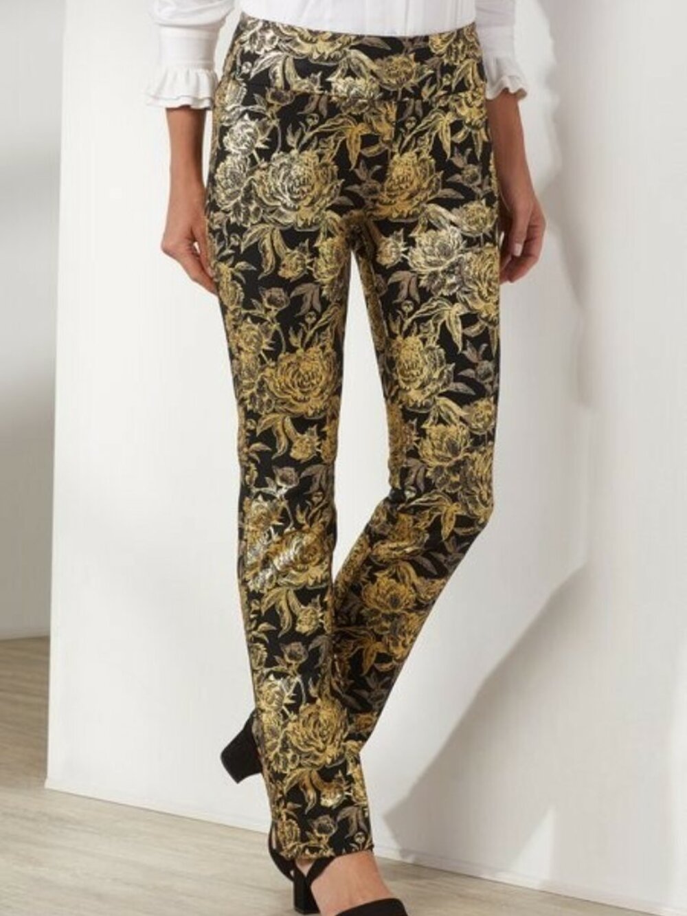 Soft Surroundings Moonstruck Womens Pants Metallic Gold on Black PM